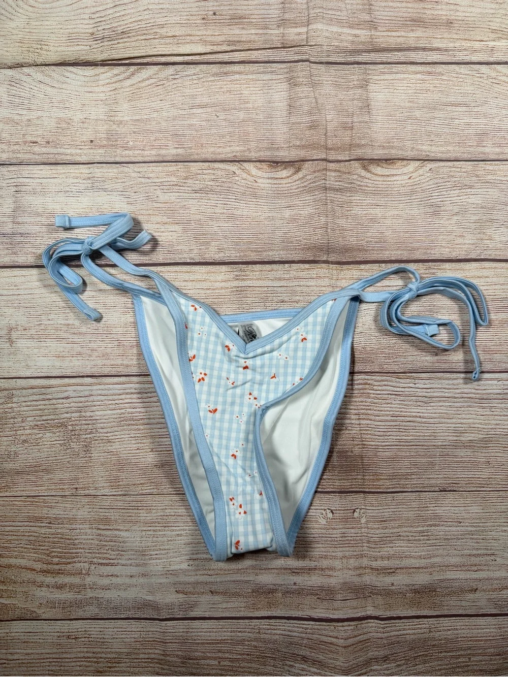 Frankie’s Bikinis x‎ VS Pink Light Blue Gingham Floral Tie-Side Bikini Bottom